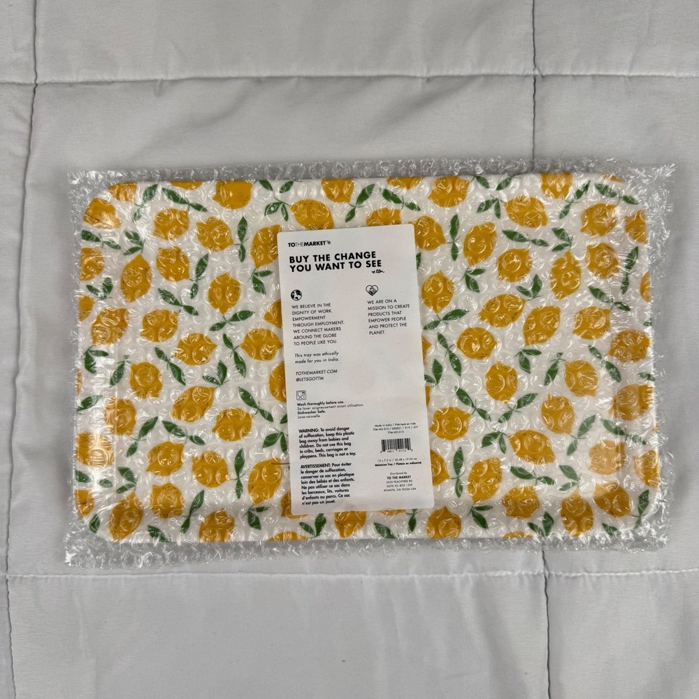 TO THE MARKET Melamine Tray 12x7.5 Yellow Lemon Print Serving Platter NEW